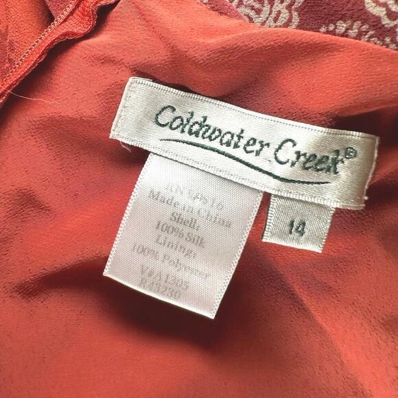 Coldwater Creek 100% Silk Dress Midi Dress Sz 14 flutter sleeve Red Orange Boho - Picture 4 of 4